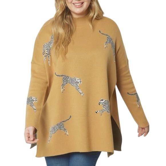 entro Sweaters - ENTRO Camel Brown/Tan Cheetah Print Mock Neck Relaxed Knit Sweater/Size: XL